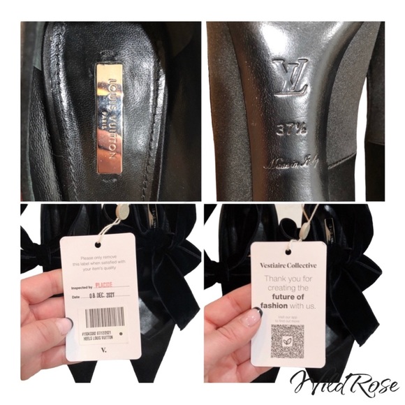 LOUIS VUITTON Black Satin Pointy Toe Velvet Bow Tie Nior Pumps Crystal Heels - Picture 15 of 17